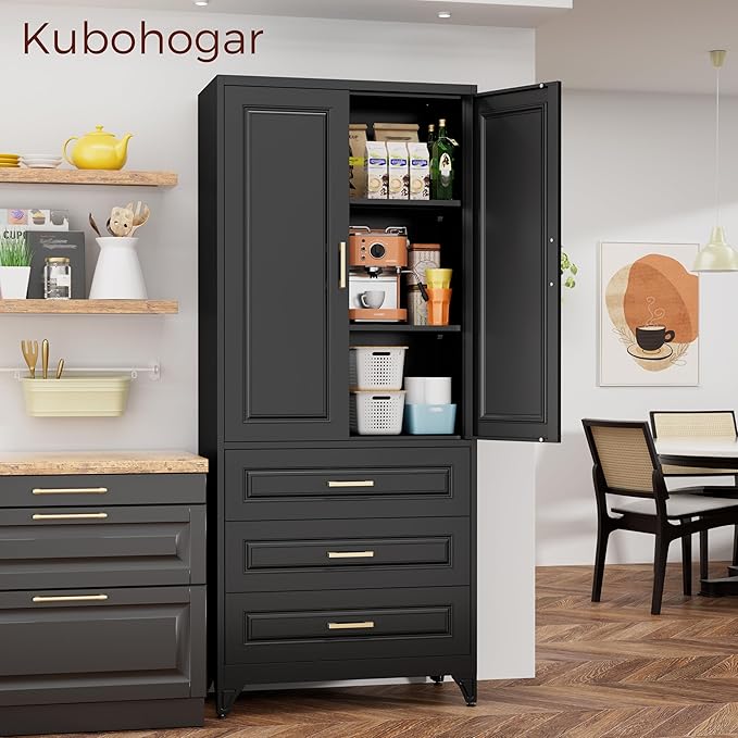 75" Kitchen Pantry Cabinet, Metal Storage Cabinets with Doors and Adjustable Shelves, Black Tall Pantry Cabinet with 3 Drawers for Dinning Living Room-CasaMuseHome