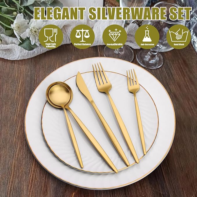 40 Piece Gold Silverware Set for 8, Terlulu Stainless Steel Flatware Set, Gold Cutlery Set Utensils Set, Tableware Include Forks Knives Spoons for Home Kitchen Restaurant Wedding, Satin Finish-CasaMuseHome