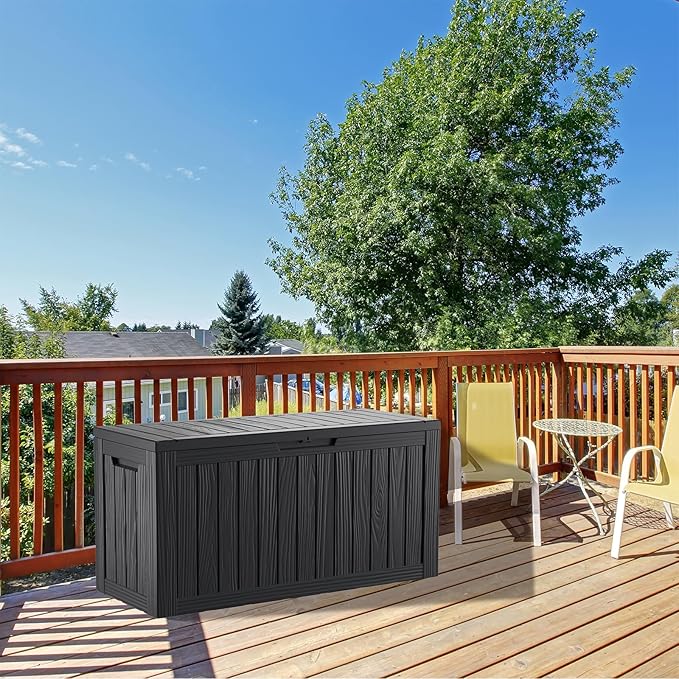 80 Gallon Lockable Resin Deck Box, Waterproof & UV-Resistant Outdoor Storage Box for Outdoor Cushion Storage, Garden Tools & Pool Accessories Storage, Black-CasaMuseHome