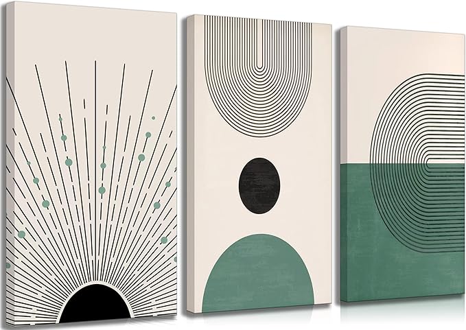 3 Pcs Sage Green Boho Canvas Wall Art Modern Abstract Minimalist Neutral Bohemian Sun Geometric Line Painting Picture Wall Decor Poster Print Artwork for Living Room Bedroom Home Decoration-CasaMuseHome