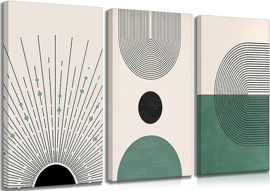 3 Pcs Sage Green Boho Canvas Wall Art Modern Abstract Minimalist Neutral Bohemian Sun Geometric Line Painting Picture Wall Decor Poster Print Artwork for Living Room Bedroom Home Decoration-CasaMuseHome