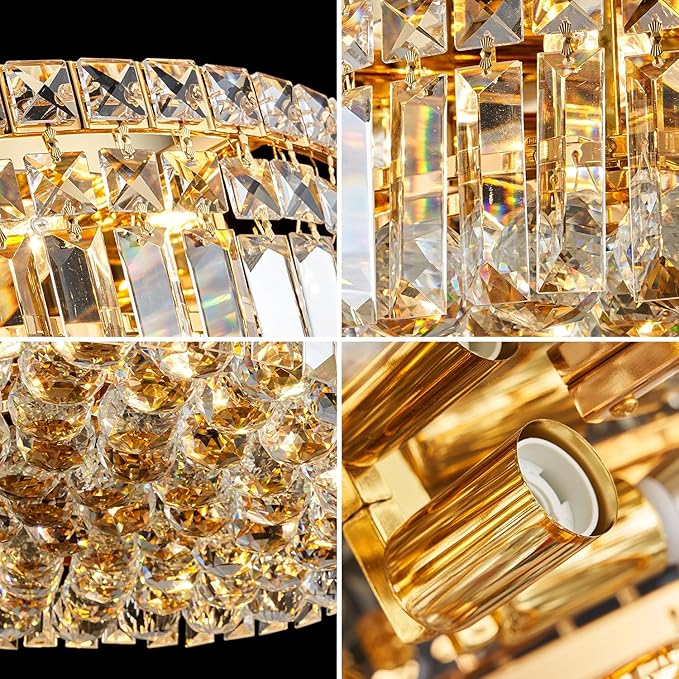 6-Lights Gold Crystal Flush Mount Chandelier Light Fixture K9 Crystals Modern Ceiling Lights Elegant Pendant Lamp for Bedroom,Hallway,Bar,Living Room,Dining Room,H5.9 xW20 (Bulbs Not Included)-CasaMuseHome