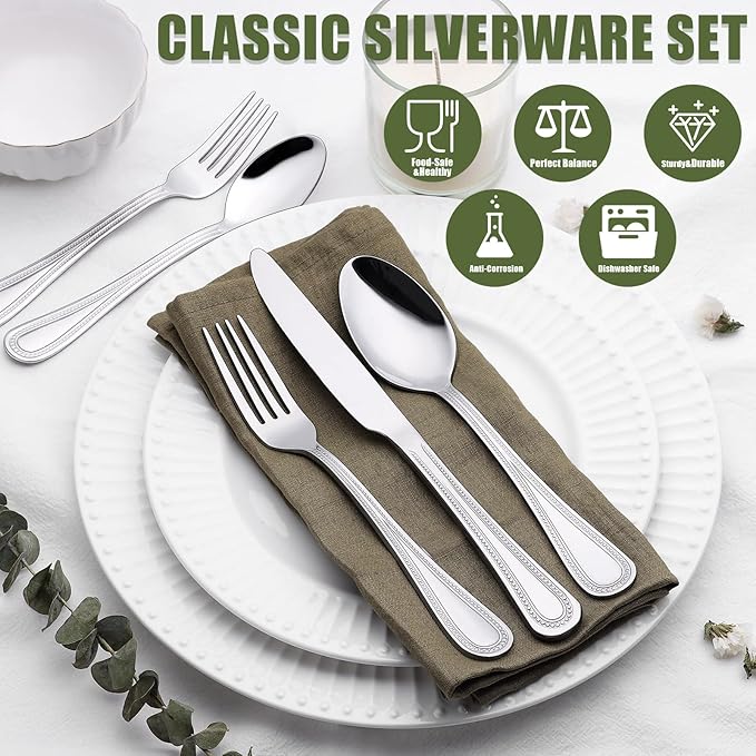 40 Piece Silverware Set for 8, Terlulu Stainless Steel Flatware Set, Mirror Polished Cutlery Set Utensil Set, Tableware Include Forks Spoons Knives for Home Restaurant, Beaded Handle, Dishwasher Safe-CasaMuseHome