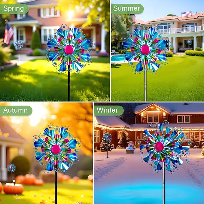 60'' Wind Spinner with Color Glass Ball Solar Lights, Blue Peacock Feathers Metal Garden Outdoor Decor Yard Lawn Art Decor for Patio Kinetic Windmills Unique Gifts for Friends and Family-CasaMuseHome