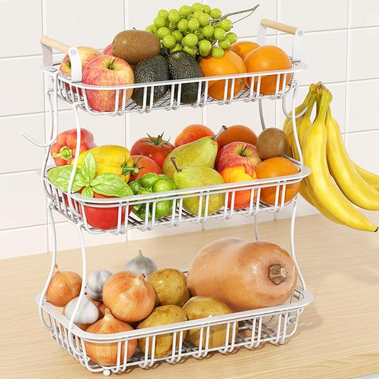 3 Tier Fruit Basket with 2 Banana Hooks, Large Capacity Multifunctional Detachable Sturdy Fruit Bowl with Wooden Handle Mesh Top for Kitchen Counter, for Bread Snacks Vegetables Produce, White-CasaMuseHome