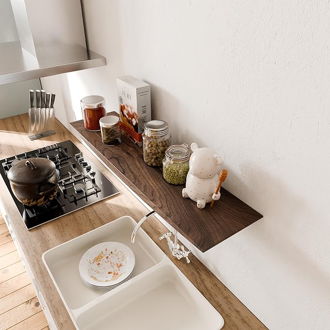 24’’ Black Walnut Floating Shelves - 6 Inch Deep Solid Wood Floating Shelf for Wall, Rustic Zen TV Shelf Wall Mounted, Live Edge Shelf with Invisible Brackets for Living Room, Bedroom, Kitchen.-CasaMuseHome