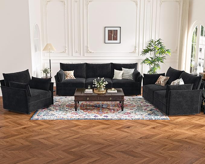 134.6" Modular Sectional Sofa, Oversized 4 Seater Couch with Removable Black Chenille Fabric Cover, Deep Seat & High Backrest for Living Room, Office & Apartment-CasaMuseHome