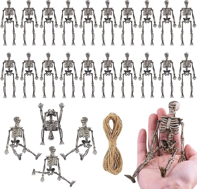 24 Pcs mini skeleton halloween decoration With hemp rope，6”small plastic posable halloween tiny skeleton figurines decor for Halloween Indoor Outdoor Graveyard Decor Haunted House Party Favors-CasaMuseHome