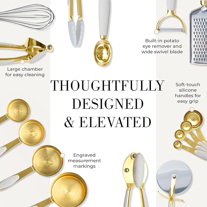 Styled Settings White and Gold Kitchen Utensils Set – 16-Piece Silicone Cooking Utensils with Measuring Cups and Spoons-CasaMuseHome