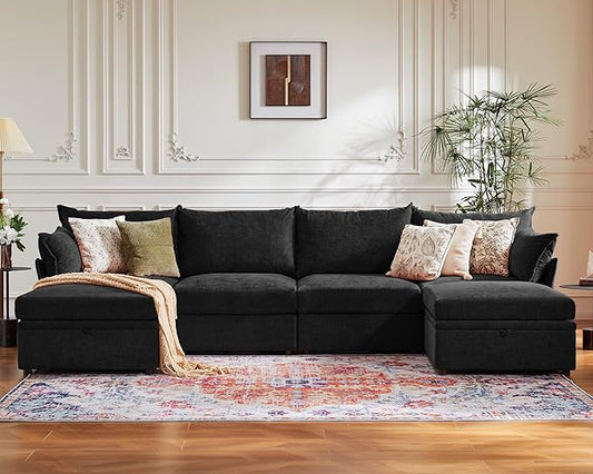 134.6" Oversized Modular Sectional Sofa, 6 Seater U Shaped Couch with Storage Ottoman with Reversible Chaise Deep Seat for Living Room, Apartment - Chenille Black-CasaMuseHome