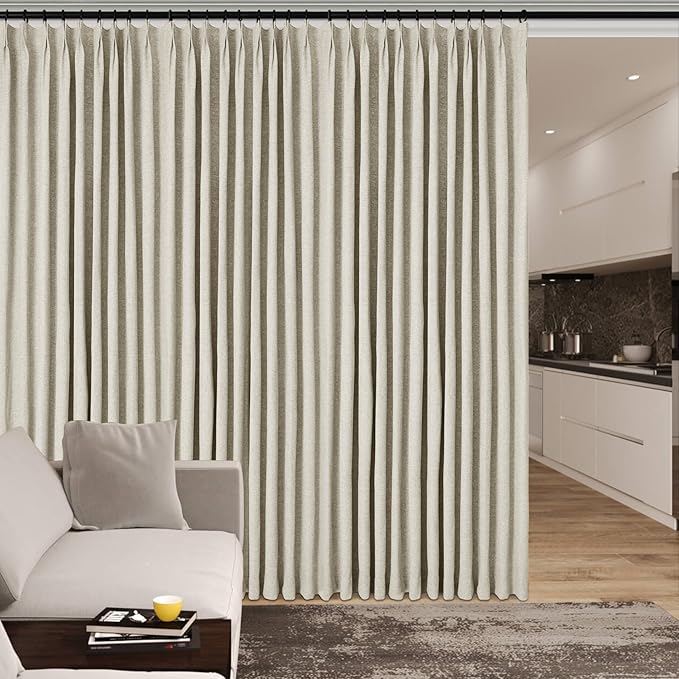 100% Blackout Linen Textured Drapes for Bedroom Pinch Pleated Curtains for Track System Portable Drapery for Sliding Glass Door/Storage/Space Room Divider, 70" Wx96 L, 1 PC, Ivory White-CasaMuseHome