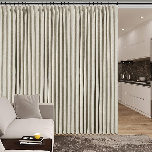 100% Blackout Linen Textured Drapes for Bedroom Pinch Pleated Curtains for Track System Portable Drapery for Sliding Glass Door/Storage/Space Room Divider, 70" Wx96 L, 1 PC, Ivory White-CasaMuseHome