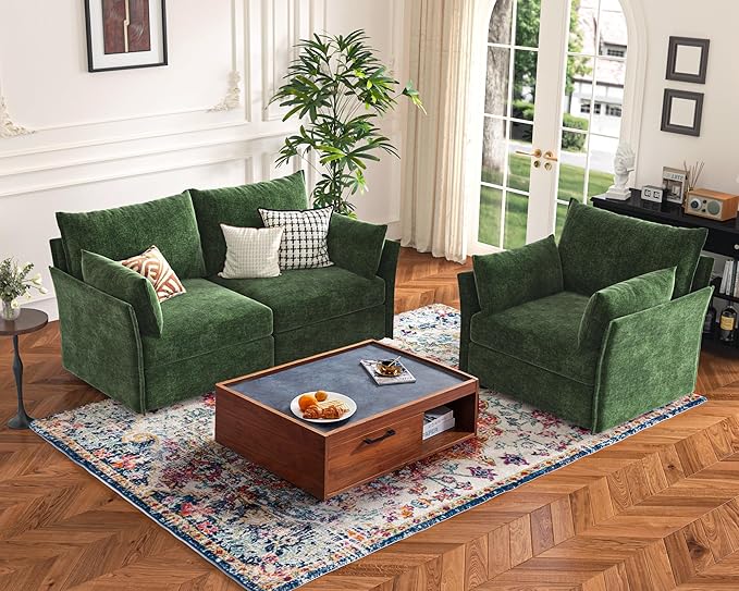 136.4" Oversized Modular Sectional Sofa, U Shaped Convertible Couch with Movable Ottoman, Large 7 Seat Corner Couches for Living Room Deep Seat Green Chenille-CasaMuseHome