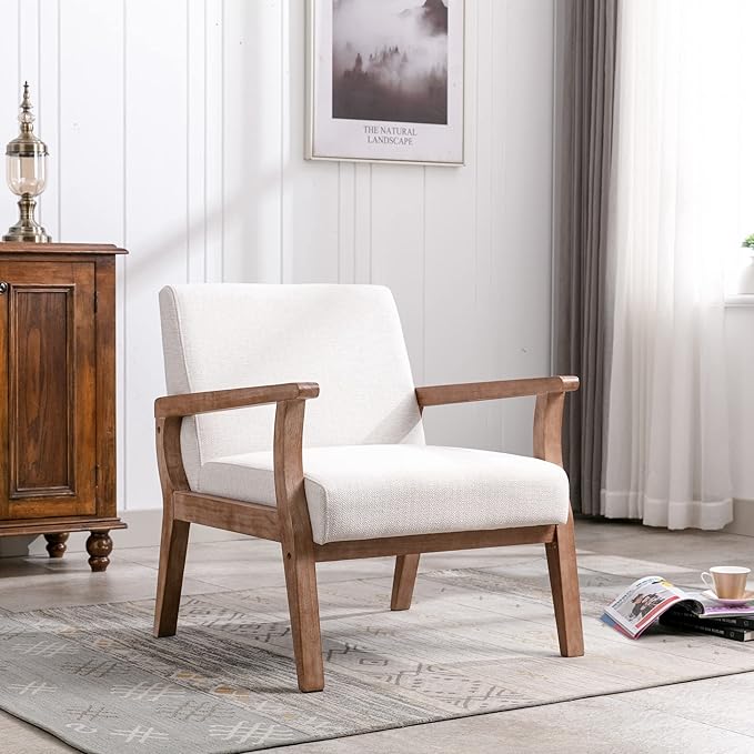 Accent Chair Mid Century Modern Armchair, Linen Upholstered Living Room Accent Armchair with Wood Frame, Farmhouse Chair Indoor Corner Chair for Living Room Bedroom, Ivory-CasaMuseHome