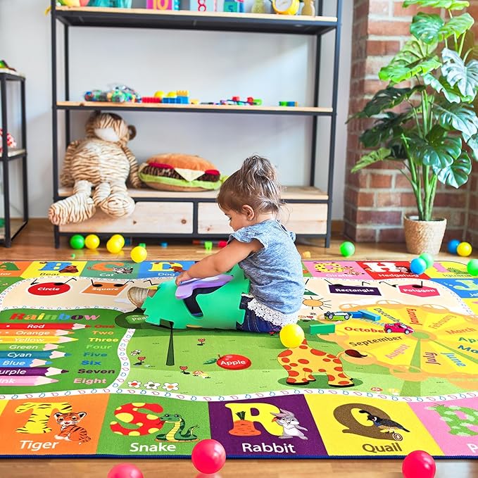 9x12 Washable Area Rug, Educational and Fun Kids Rug for Classroom Playroom Living Room Bedroom, Learning and Safe Playmat with ABC Alphabet Animals,Baby Toddler Children Play Mat-CasaMuseHome