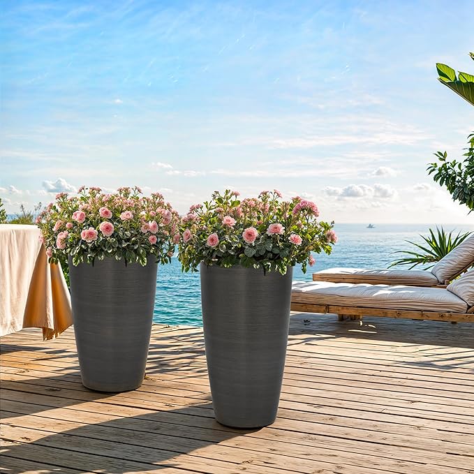 22.8" Resin Planters for Outdoor Plants, Set of 2 Modern Large Flower Pots with Handmade Brushed Metal Finish, Weather Resistant for Indoor/Outdoor Year-Round Use-CasaMuseHome