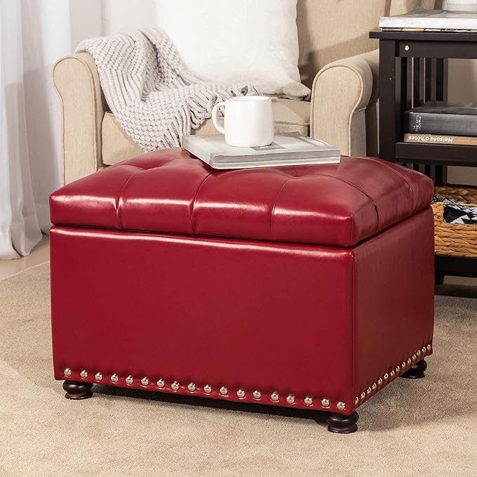 24'' Leather Storage Ottoman Rectangular Foot Rest Stool with Nailhead Trim for Bedroom Living Room(Red)-CasaMuseHome