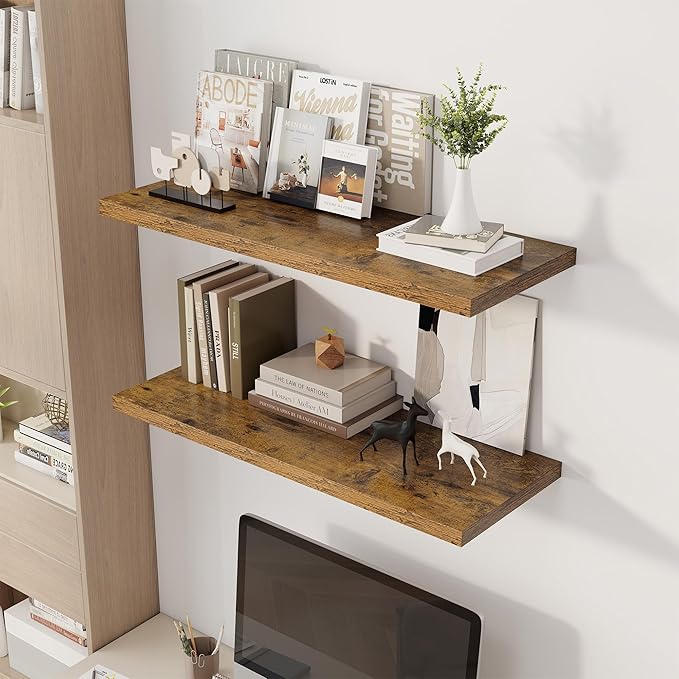 36" Floating Shelves for Wall, 12" Deep Slim Rustic Brown Floating Shelves, Wall-Mounted Shelves for Bedroom, Living Room, Kitchen, Bathroom - Set of 2-CasaMuseHome