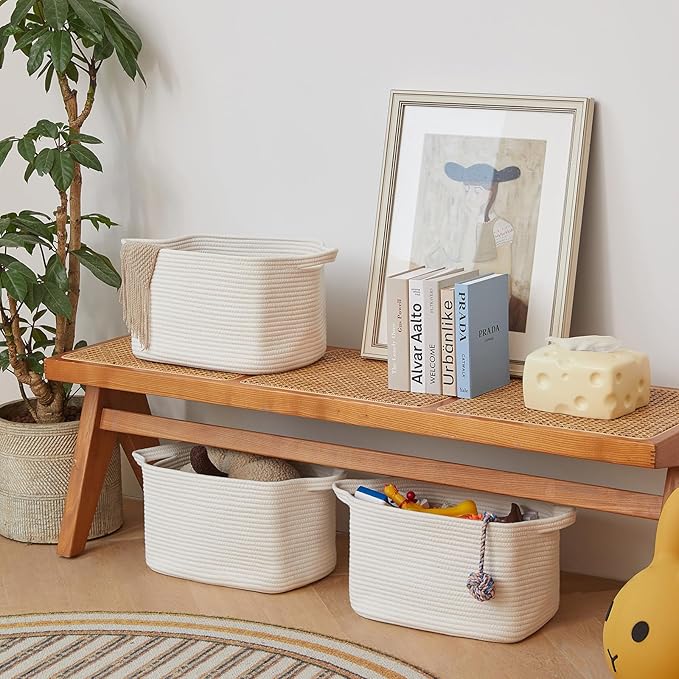 3 Packs Cotton Rope Woven Basket With Handles for Shelves -15"*10.2"*9.1"(White)-CasaMuseHome