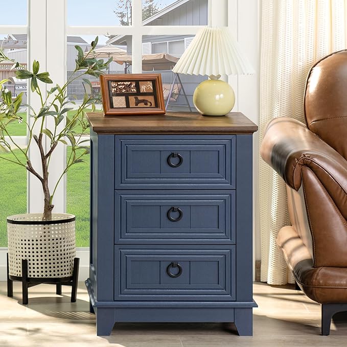 18" Farmhouse Night Stand with 3 Drawers, Wood End Table Dresser for Bedroom, Navy Blue Nightstand, Bed Side Table with Metal Handle, Bedside Cabinet for Bedroom Living Room, Closet-CasaMuseHome
