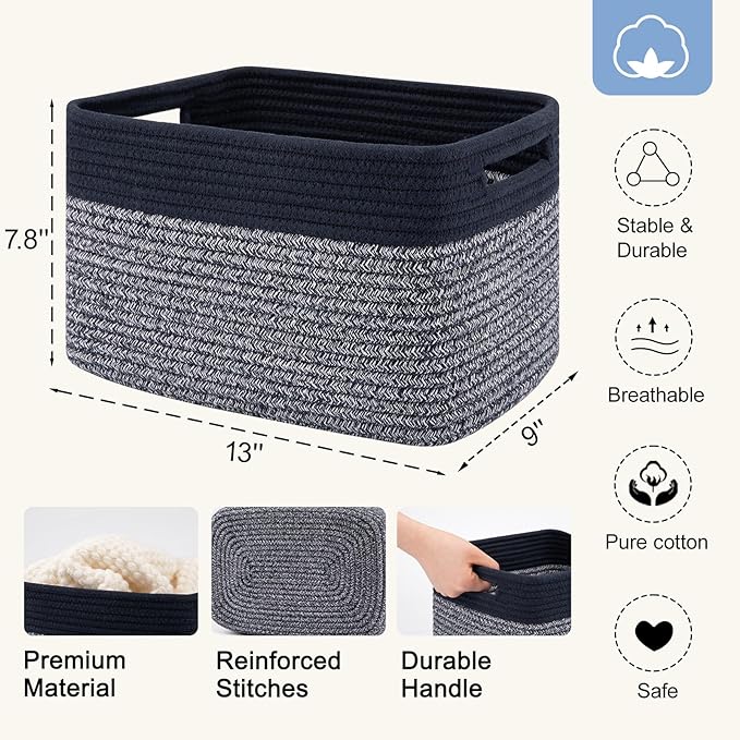 4 Pack Storage Baskets for Organizing, Woven Baskets for Shelves - Perfect for Toys, Books, Towels, and Clothes, Durable Gift Basket Bins Toy Storage, 13''L x9''W x7.8''H, Blue and Grey-CasaMuseHome