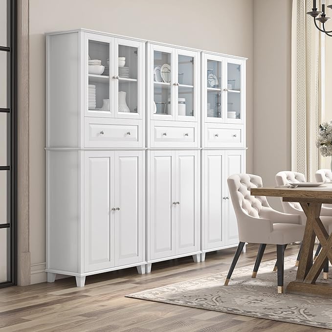 76'' Kitchen Pantry Storage Cabinet, Freestanding Kitchen Cupboard with Large Drawer, Doors, and Adjustable Shelves, Bathroom Storage Cabinet for Dining Room, Living Room, Laundry, White-CasaMuseHome