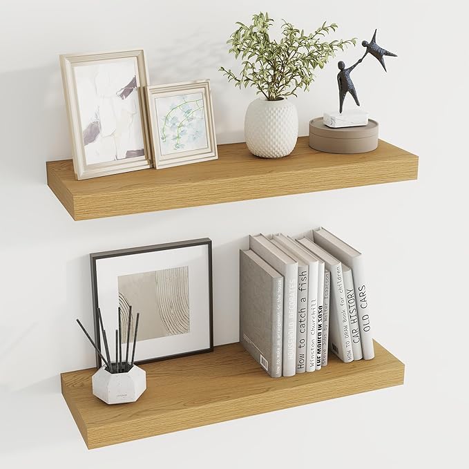 24 inch Floating Shelves Long Floating Shelves for Wall Large Wall Mounted Shelves with Invisible Brackets, Oak Shelves for Bathroom, Living Room, Kitchen, Office, 24x6.7 inch deep Set of 2-CasaMuseHome