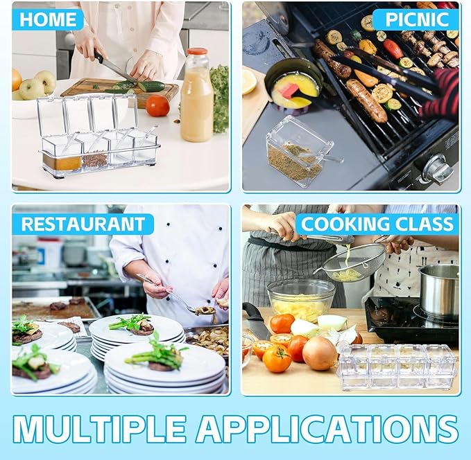 4-Cell Clear Seasoning Rack Spice Box, Storage Container Condiment Jars Acrylic Seasoning Box with Cover and Spoon (Enhanced Version Clear)-CasaMuseHome
