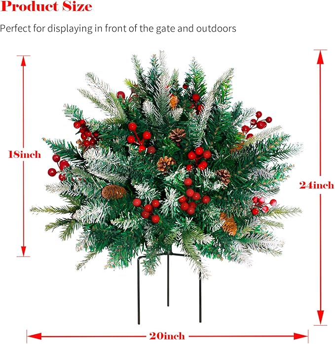 2 Pack Lighted Artificial Christmas Urn Filler, Battery Operated Pre-lit Xmas Pine Trees, Tripod Stake and 60 LED Lights, Holiday Porch Decorations for Porch, Yard, Garden, Flower Beds（Multicolor）-CasaMuseHome