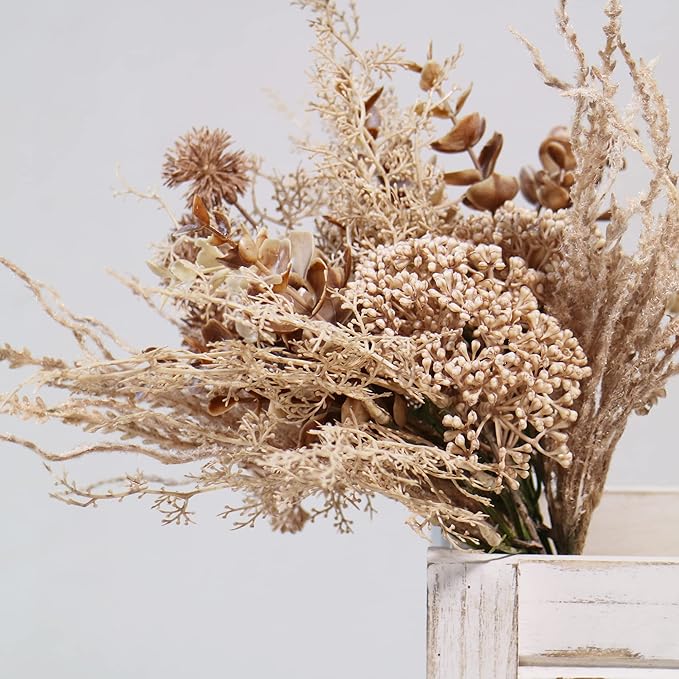 2 Pack Boho Artificial Flowers Plants Bouquet Decoration 13.8inch, Fake Plastic Brown Eucalyptus and Beige Grasses, Faux Floral Arrangement for Wedding Centerpieces Party Home Fall Decor-CasaMuseHome