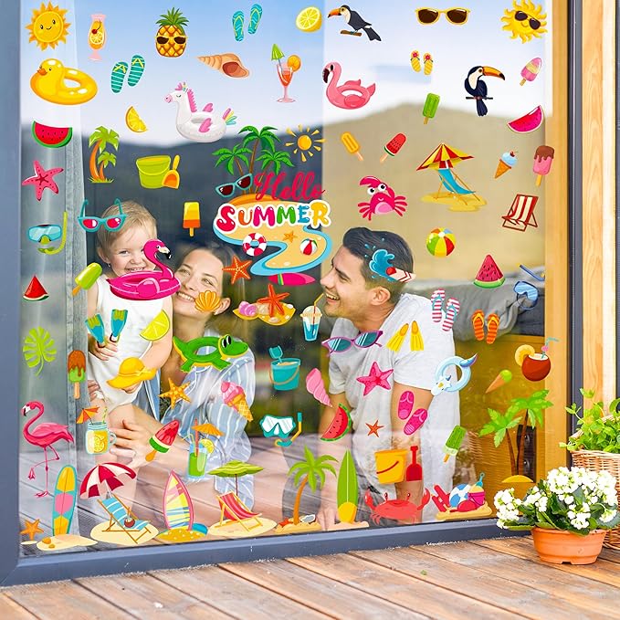 9 Sheets Summer Window Clings, Double Sided Summer Window Clings for Glass Windows, Hello Beach Decals, Sun Watermelon Pattern Stickers for Home Office Accessories Decorations-CasaMuseHome