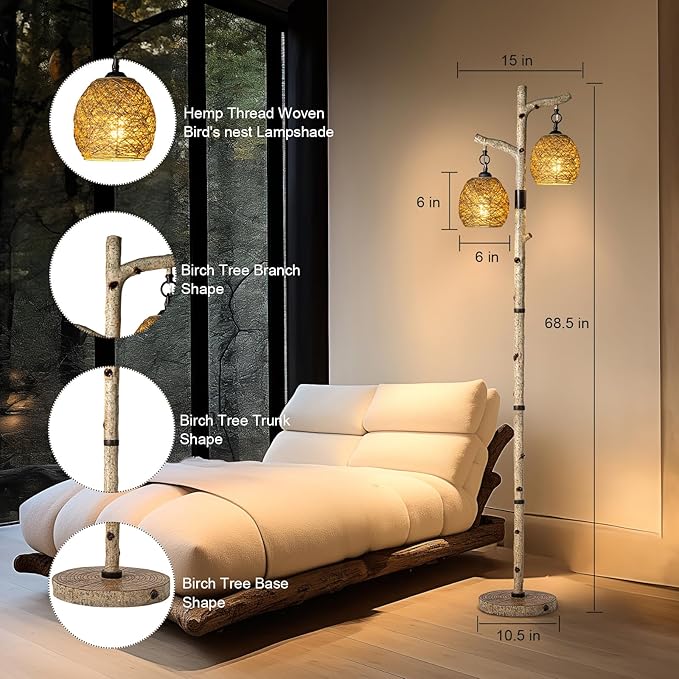 68.5" Rustic Farmhouse Remote Control Switch Birch Tree Floor lamp with Bird Nest Lantern Shade Vintage Standing Lamp for Living Room Bedroom Hotel Bar Office Wood House(Bulb Included)-CasaMuseHome