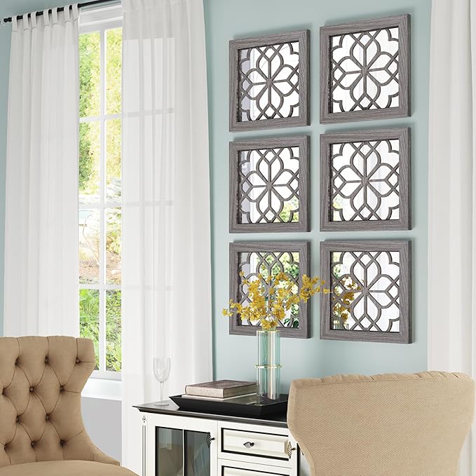 4pcs Farmhouse Wall Mirror with Carved Floral Design -Rustic Mirror Decor for Home, 12x12 inch(Brown)-CasaMuseHome