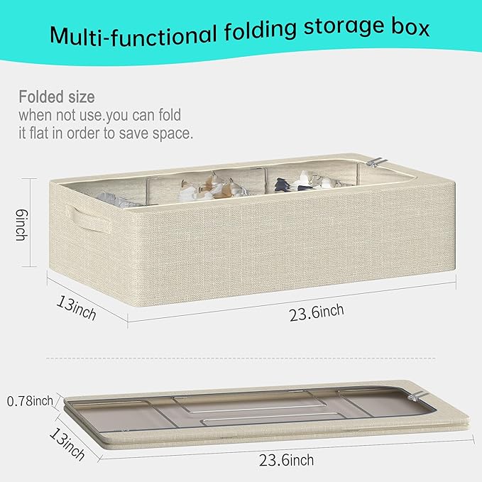3PCS Under Bed Storage Bins with Metal Frame, Linen Fabric Frame Storage Box Clothes Organizer Bins, Underbed Container with Clear Window (Beige, 23.6 x 13 x 6IN)-CasaMuseHome