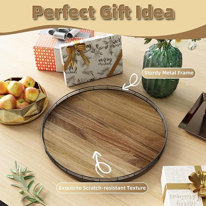 Acacia Wood 12" Lazy Susan Turntable Organizer for Table Top, Farmhouse Round Wooden Lazy Susan for Cabinet Kitchen Centerpieces Coffee Table, for Condiments Spices, Bathroom Vanity Tray Decor-CasaMuseHome