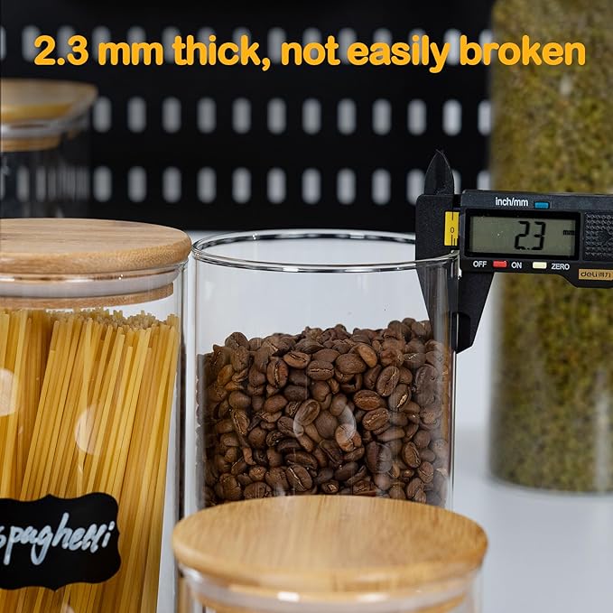 70oz Straight cylindrical Airtight Storage Jars with Bamboo Lid Set of 3 Storage Container Glass Jars, Kitchen Canister for Noodles, Pasta and Coffee beans (‎with Black Lable)-CasaMuseHome