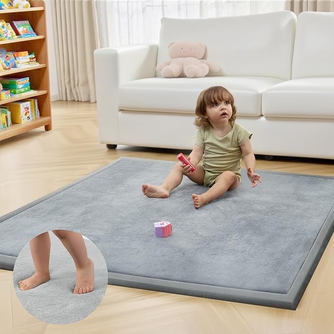 ACOMOPACK Baby Play Mat for Floor 1.3" Thick Memory Foam 50x50 Soft Velvet Playpen Mat for Kids,Infants,Toddlers,Tummy Time Crawling Mats with Non-Slip Bottom,Yoga,Tatami,Nursery Rug（Light Grey）-CasaMuseHome