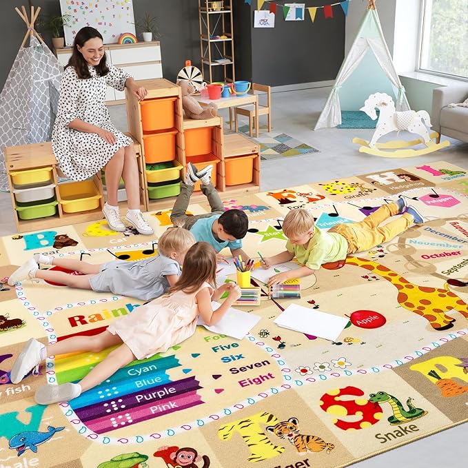 7x10 Playroom Rugs for Kids Washable, Educational and Fun Playmat with ABC Alphabet Animals Shapes Colors, Non-Slip Play Mat Learning Rug for Baby Toddler Children Game Activity，Beige, Pink-CasaMuseHome