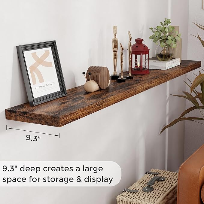 72 Inch Floating Shelves, 72 x 9 Rustic Wooden Fireplace Mantel, 9 Inch Floating Shelf for Wall, Farmhouse Wall Shelves for Home Storage & Display, Rustic Brown Color, Set of 1-CasaMuseHome