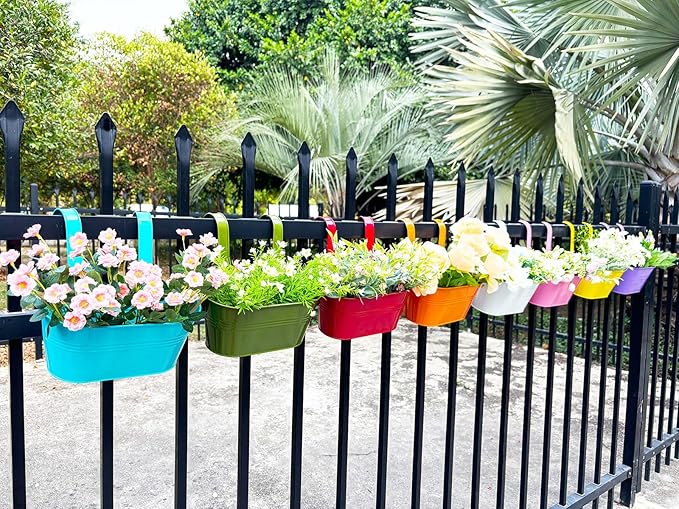 8 Pack Hanging Planters 10", Colorful Metal Bacony Railing Planter for Outdoor Decor, Countryside Fence Pot Flower Bucket for Rails Patio Garden, Plant Pot for Herb (Multi-Color, 8Pcs)-CasaMuseHome
