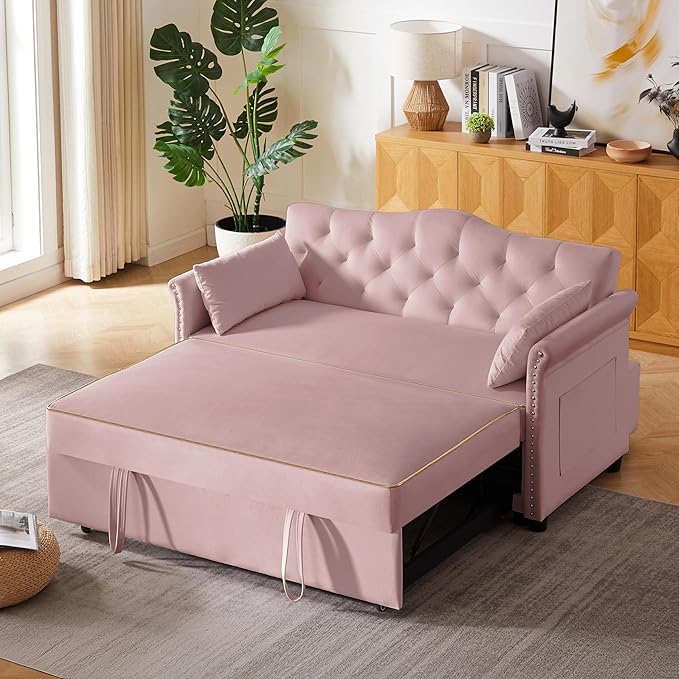 57" Velvet Pull-Out Sofa Bed, 3-in-1 Convertible Loveseat with Gold Trim Strips and Adjustable Backrest, Perfect for Living Rooms, Offices and Apartments (Pink)-CasaMuseHome