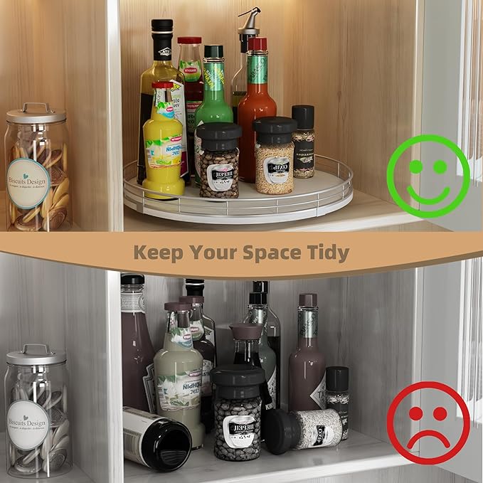 13" Lazy Susan Turntable Organizer for Table Top, Round Wooden Lazy Susan for Cabinet Kitchen Decor Centerpieces Coffee Table, Storage Condiments Spices, Bathroom Vanity Tray for Soap, White-CasaMuseHome