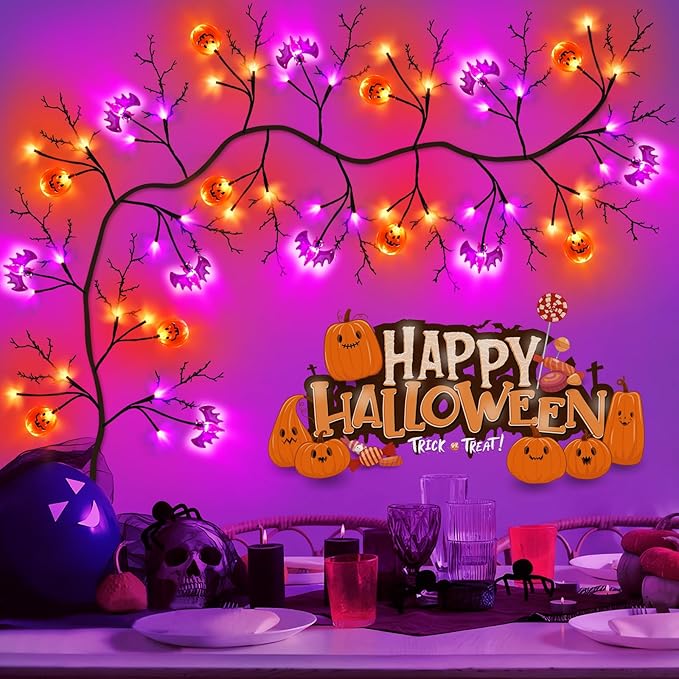 7 Ft 63 LED Halloween Willow Vine Twig Garland with 8 Modes Timer Orange Purple 21 Pumpkin Bats Lights,Halloween Garland with Waterproof Battery Operated for Indoor Wall Fireplace Decorations-CasaMuseHome