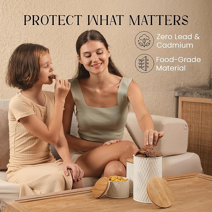 6 Canister Set for the Kitchen Countertop – Metal Food Storage Canisters with Airtight Lids for Flour, Tea, Crafts, Coffee, & Sugar – Container Set with Modern Wood Lids, White-CasaMuseHome