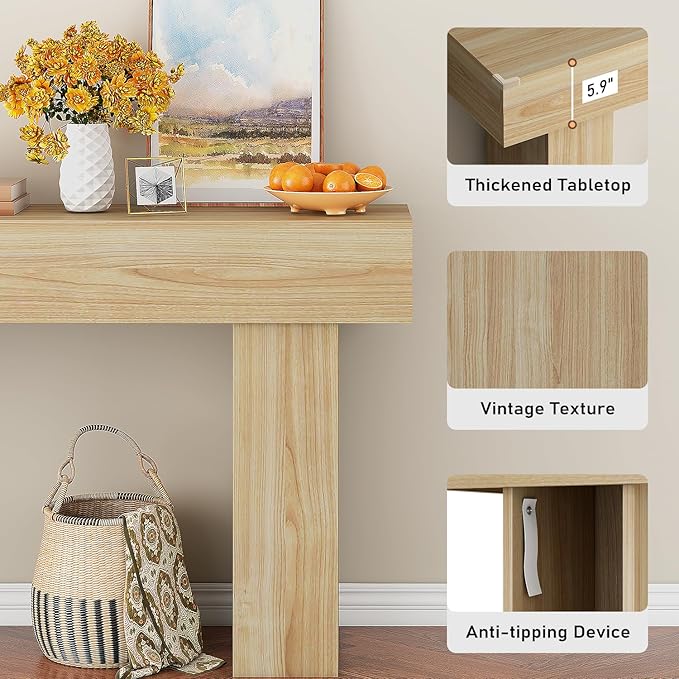 63 Inch Long Console Table for Entryway, Farmhouse Wood Rectangular Sofa Table Behind Couch Table, Narrow Entryway Table for Living Room, Entrance, Hallway, Foyer, Easy Assembly (Natural)-CasaMuseHome