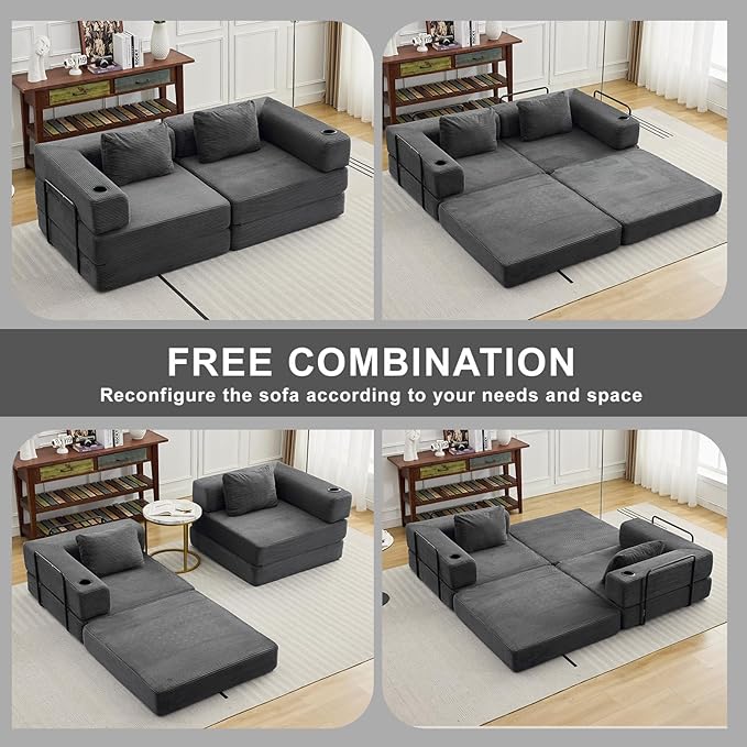 78" W Loveseat Sofa, 4 in 1 Convertible Floor Sofa Bed, Boneless Cloud Couch with Cup Holder, Fold Out Floor Couch, Loveseat Recliner Sleeper for Living Room Bedroom Lounge(Corduroy, White)-CasaMuseHome