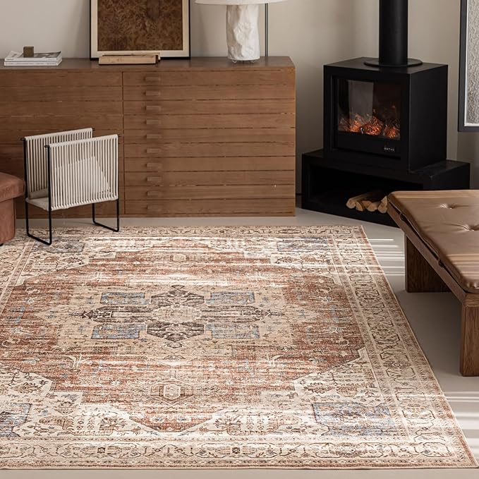 5'x7' Area Rug - Vintage Persian Medallion Design Low-Pile Faux Wool Rug, Non-Slip Backing, Machine Washable, for Living Room, Dining Room, Bedroom (Brick Red)-CasaMuseHome