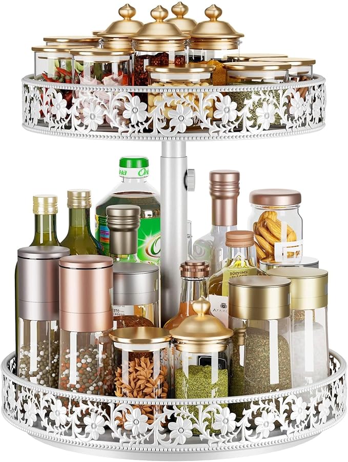 2 Tier Lazy Susan Organizer Turntable Adjustable,12 Inch Two Tier Lazy Susan Metal Easy Assembly Cleaning, Rotating Spice Rack Organizer for Cabinet Dining Table Kitchen Countertop White-CasaMuseHome