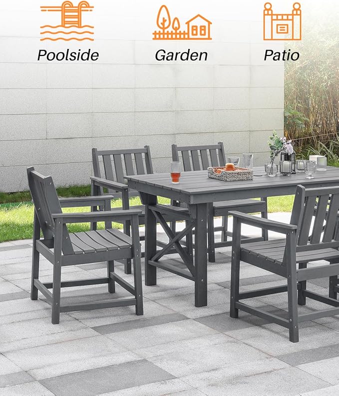 7 Pieces HDPE Outdoor Dining Set, Patio Dining Set with Umbrella Hole, All Weather Outdoor Dining Table Sets for 6, HDPE Patio Furniture Sets for Deck, Backyard, Lawn, and Poolside, Smoke Gray-CasaMuseHome