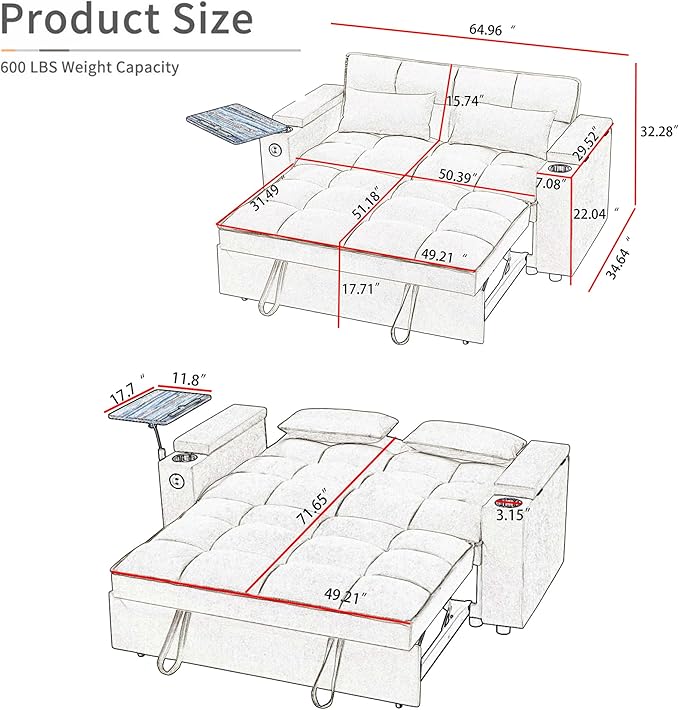 66" Multi-Functional Pull-Out Sofa Bed with Hidden Side Table, Storage Armrests, Built-in Charging Port, Spring Mattress, Solid Wood Frame – Ideal for Small Spaces, Easy Assembly-CasaMuseHome